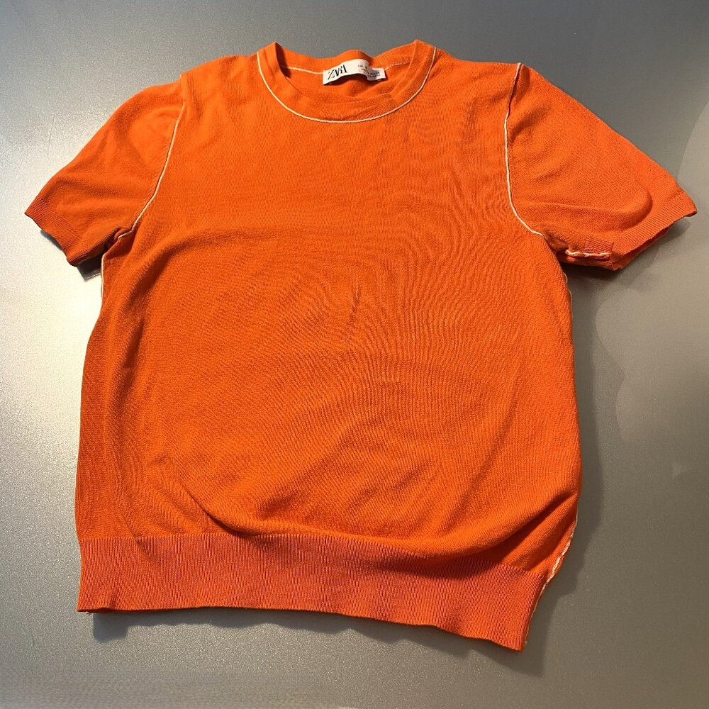 Girl's Zara Orange Short Sleeve Crew Neck Lightweight Sweater Size S Pullover